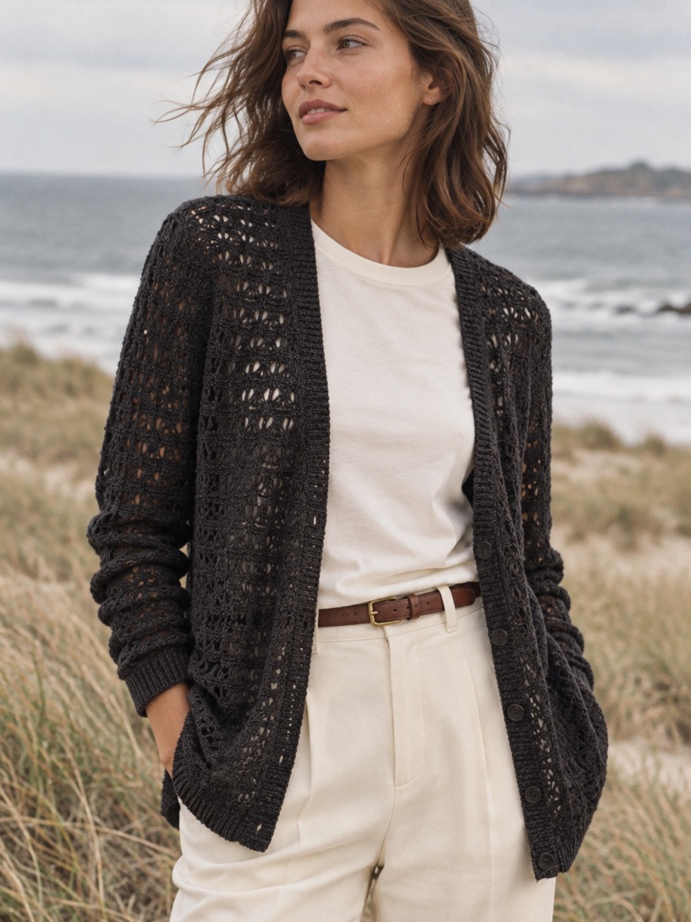 DKNY Jeans Charcoal Open-Knit Button-Front Cardigan | Size M